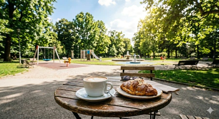 Cappuccino e cornetto sul tavolo del giardino, al mattino
