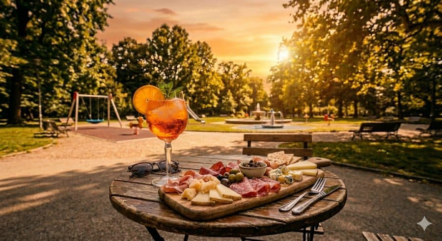 Spritz e tagliere di salumi e formaggi al tramonto