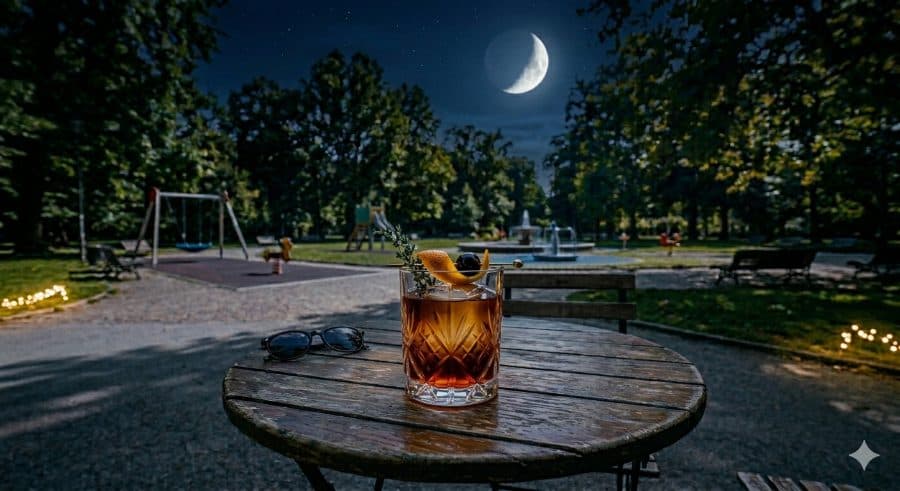 Cocktail sul tavolo del giardino sotto la luna, di sera
